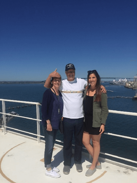 Traveling SLP Jane Rooney with husband Patrick and daughter Veronica aboard U.S. Mercy in San Diego.
