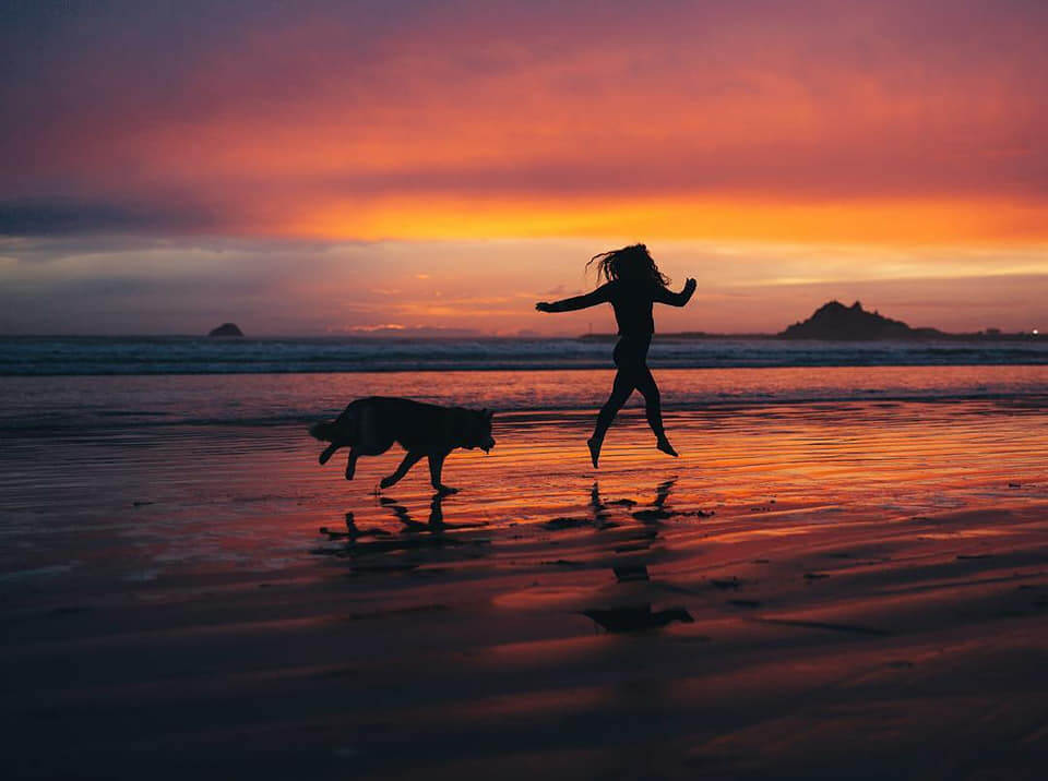 Woman and dog running on beach at sunset Woman and dog running on beach at sunset