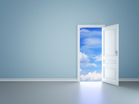 empty room with door opening to cloud and sky empty room with door opening to cloud and sky