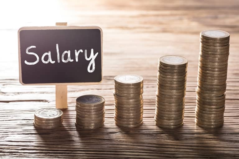 Tiny sign with Salary written on it and stacks of coins in ascending heights Tiny sign with Salary written on it and stacks of coins in ascending heights