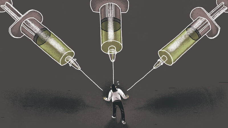 Graphic of 3 giant needles threatening person Graphic of 3 giant needles threatening person